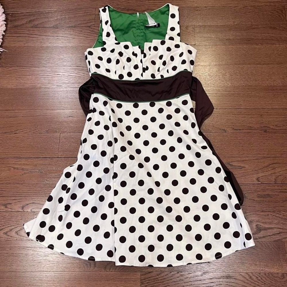 🍟y2k white and green polka dot baby doll tie mini‎ dress small